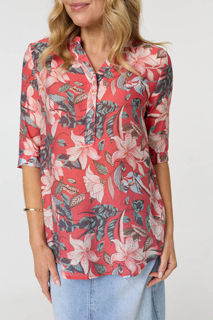 Red | Floral 3/4 Sleeve Relaxed V-Neck Blouse