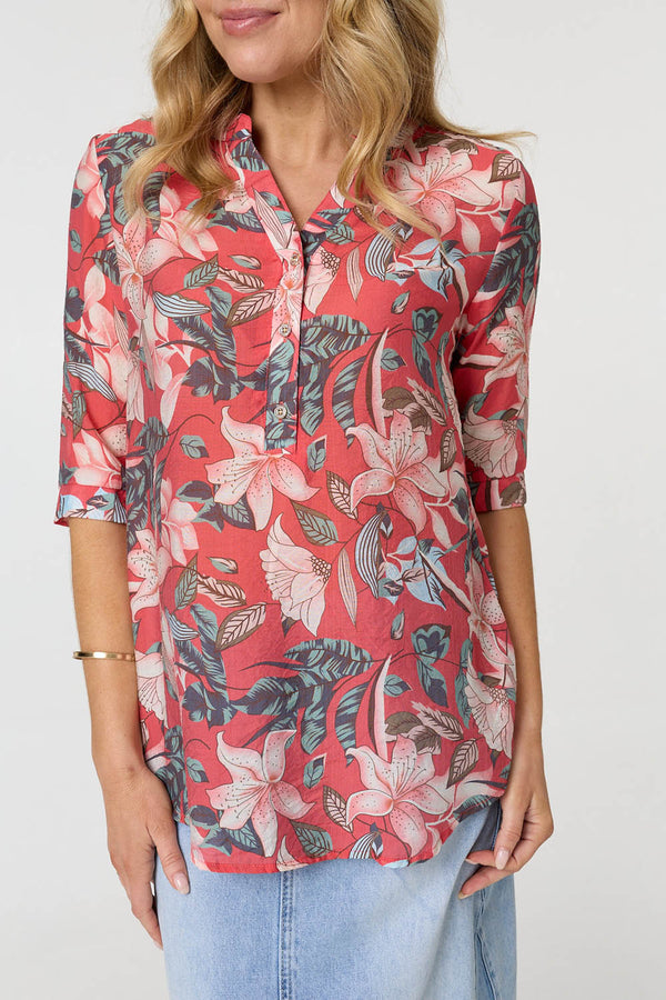 Red | Floral 3/4 Sleeve Relaxed V-Neck Blouse