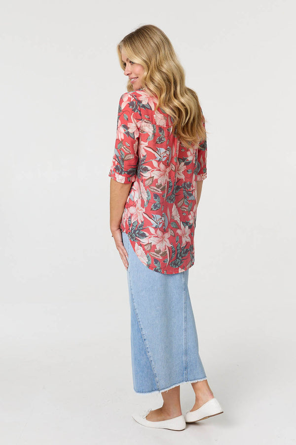 Red | Floral 3/4 Sleeve Relaxed V-Neck Blouse