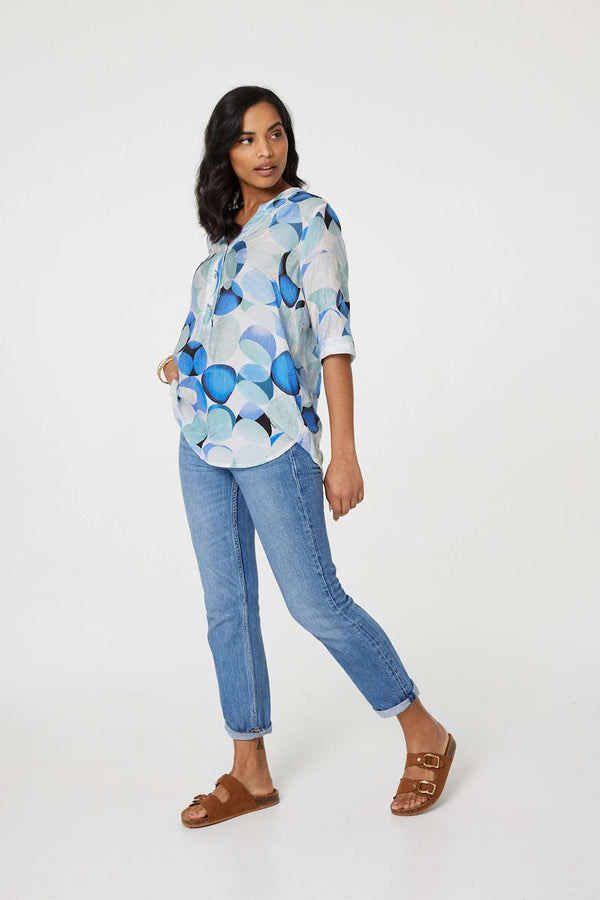 Blue | Printed 1/2 Sleeve Curve Hem Blouse