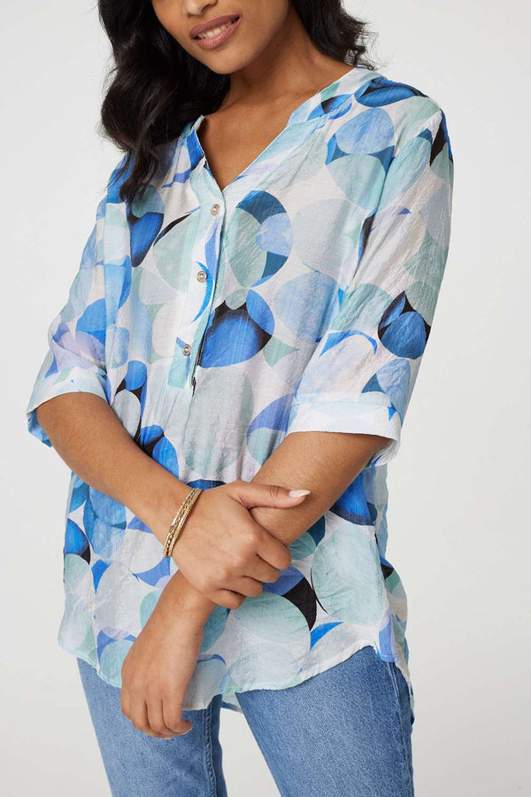 Blue | Printed 1/2 Sleeve Curve Hem Blouse