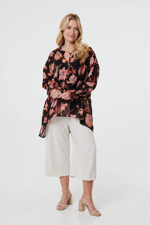 Black | Floral Long Sleeve Longline Tunic Blouse
