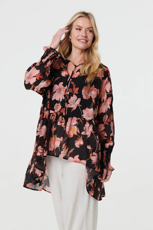 Black | Floral Long Sleeve Longline Tunic Blouse
