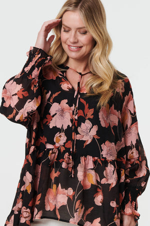 Black | Floral Long Sleeve Longline Tunic Blouse
