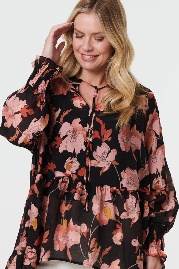 Black | Floral Long Sleeve Longline Tunic Blouse

