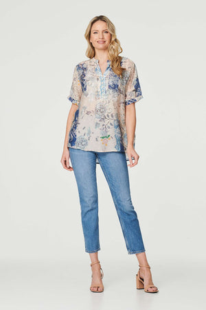 Blue | Floral Collarless Short Sleeve Blouse
