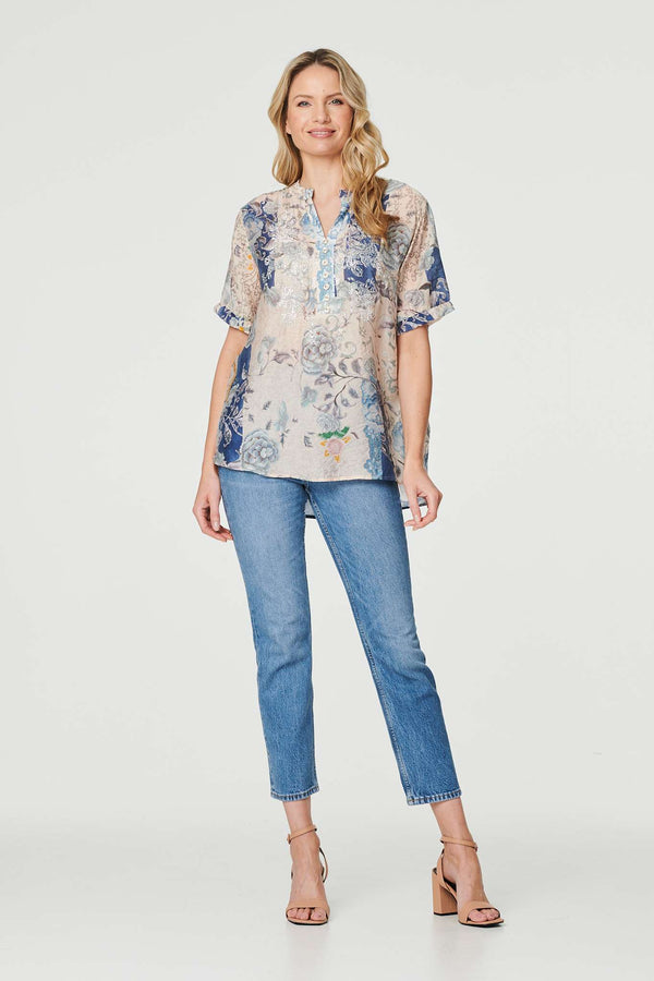 Blue | Floral Collarless Short Sleeve Blouse

