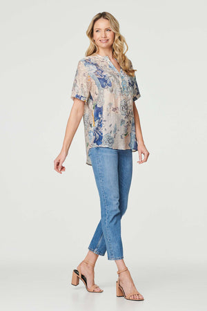 Blue | Floral Collarless Short Sleeve Blouse
