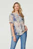Blue | Floral Collarless Short Sleeve Blouse
