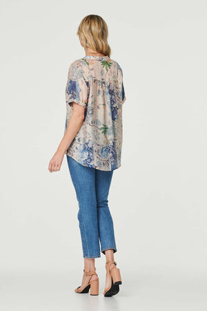 Blue | Floral Collarless Short Sleeve Blouse
