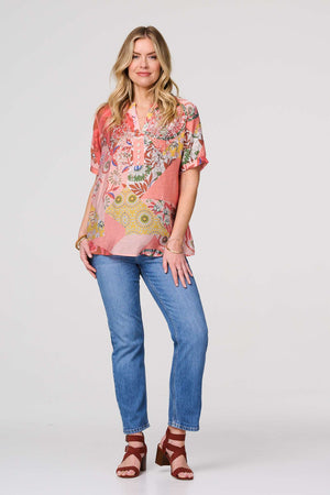 Pink | Patchwork Print 1/2 Sleeve Blouse
