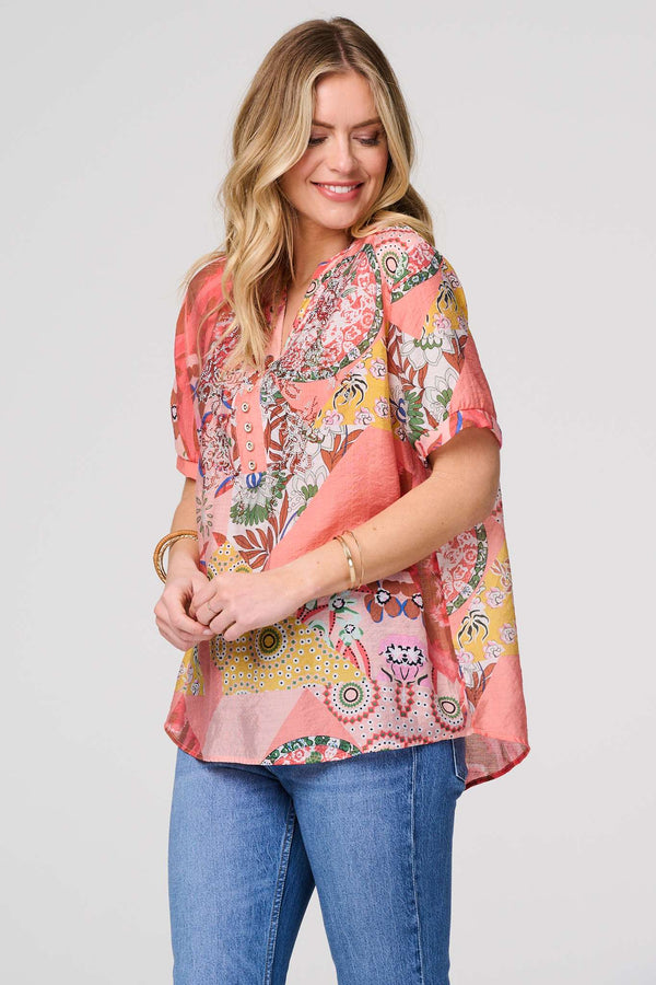Pink | Patchwork Print 1/2 Sleeve Blouse