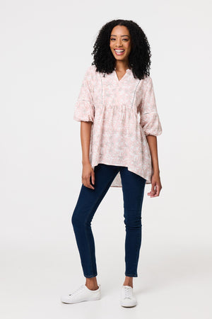 Pink | Floral Curve Hem 3/4 Puff Sleeve Blouse
