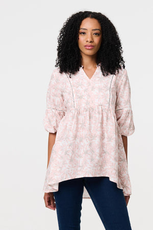 Pink | Floral Curve Hem 3/4 Puff Sleeve Blouse