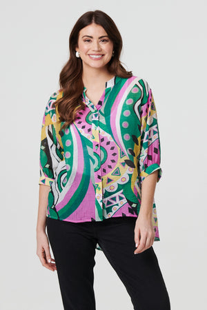 Green | Abstract Print 3/4 Sleeve Relaxed Shirt
