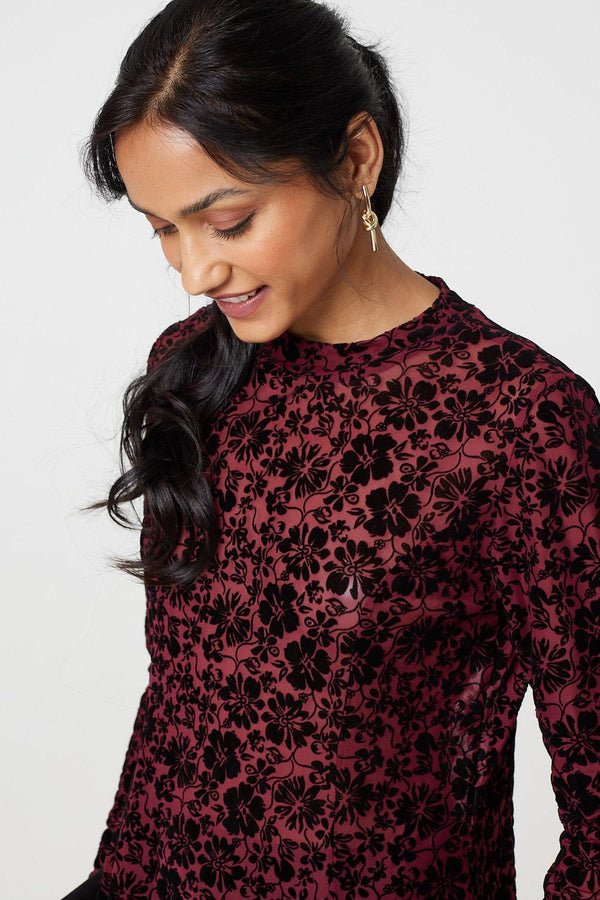 Burgundy | Floral Mesh Layered Long Sleeve Peplum Top
