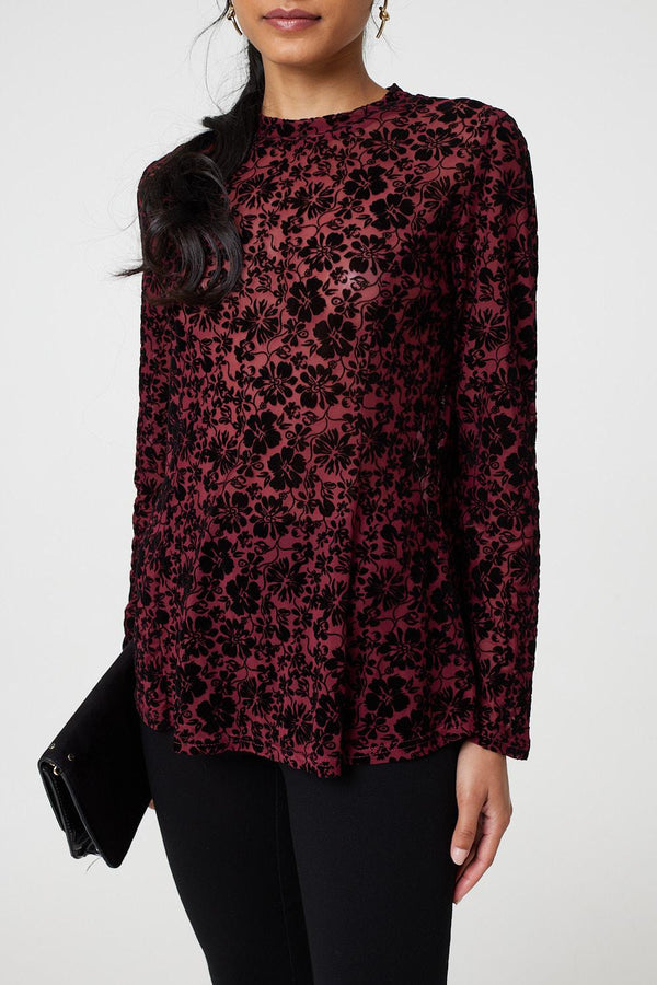 Burgundy | Floral Mesh Layered Long Sleeve Peplum Top
