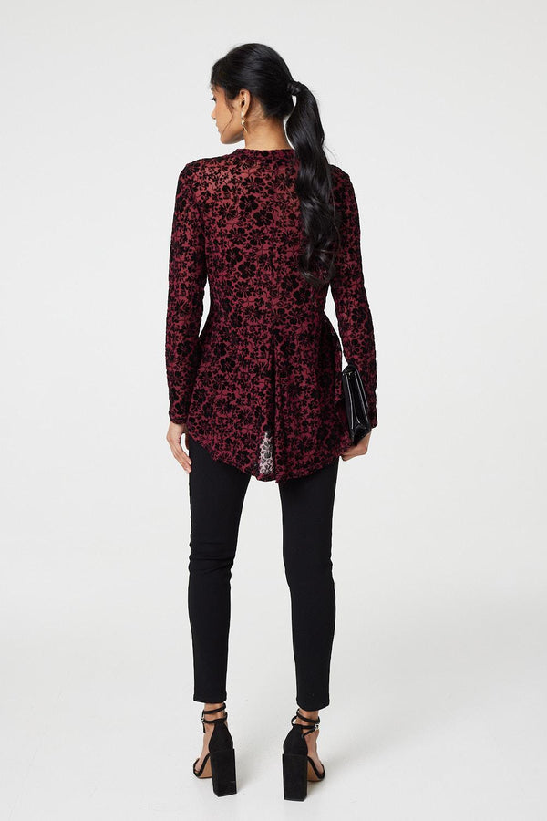 Burgundy | Floral Mesh Layered Long Sleeve Peplum Top
