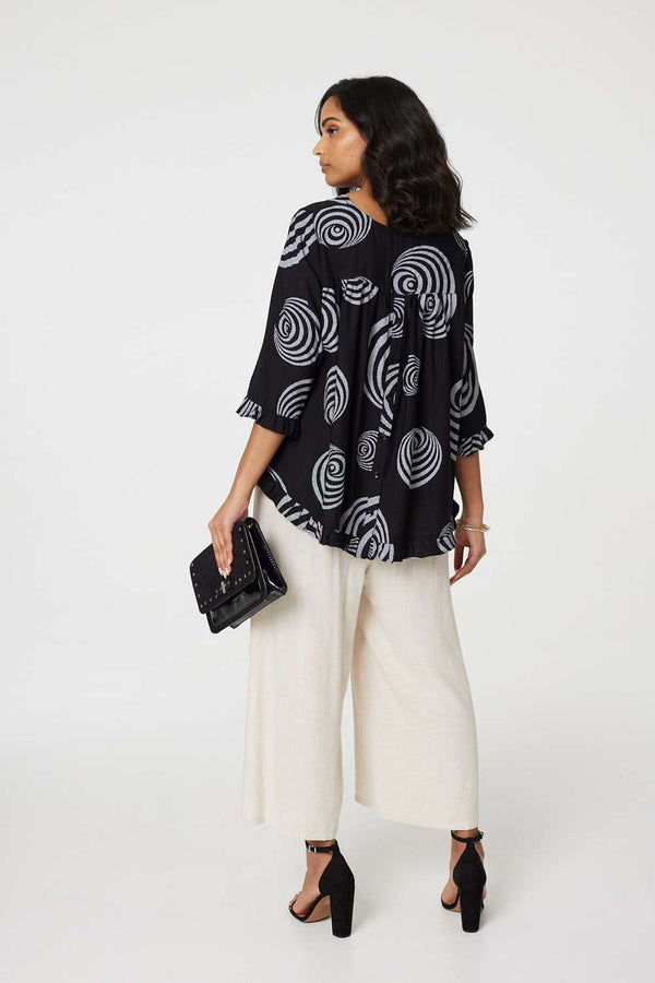 Black | Abstract Print Frill Hem Tunic Top