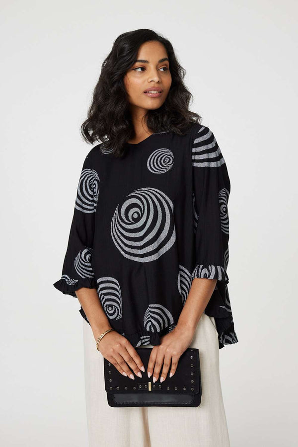 Black | Abstract Print Frill Hem Tunic Top : Model is 5'7"/170 cm and wears UK8/EU36/US4/AUS8