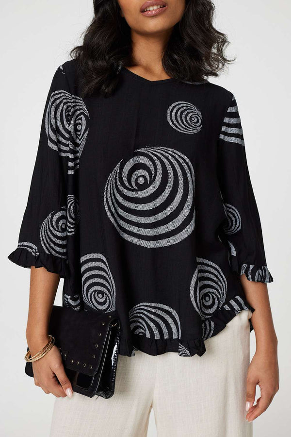 Black | Abstract Print Frill Hem Tunic Top