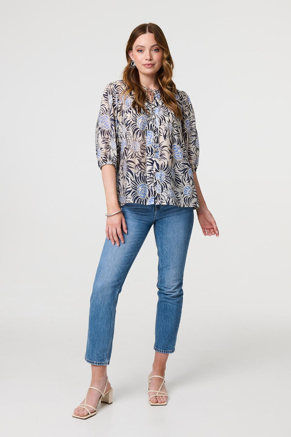 Blue | Floral 3/4 Puff Sleeve Relaxed Blouse