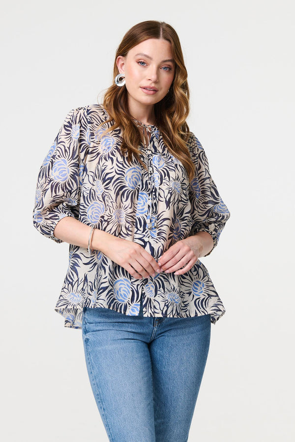 Blue | Floral 3/4 Puff Sleeve Relaxed Blouse