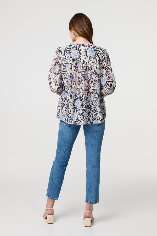 Blue | Floral 3/4 Puff Sleeve Relaxed Blouse
