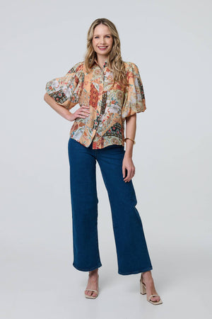 Orange | Patchwork Print 1/2 Puff Sleeve Shirt
