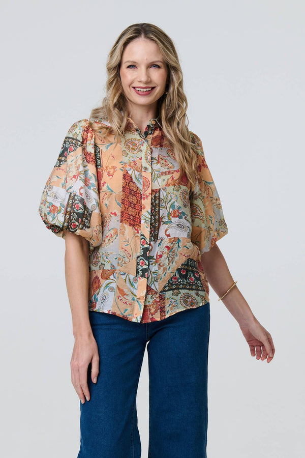 Orange | Patchwork Print 1/2 Puff Sleeve Shirt
