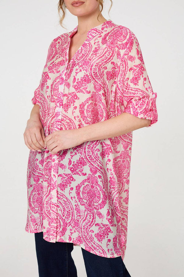 Pink | Paisley Print Relaxed Longline Shirt
