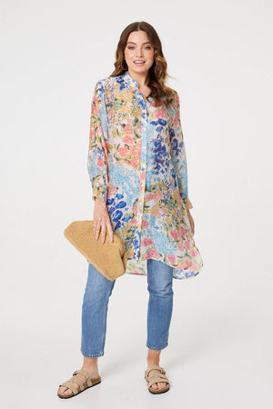 Blue | Floral Print Longline Semi Sheer Shirt
