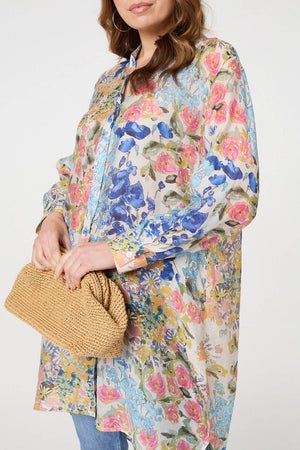 Blue | Floral Print Longline Semi Sheer Shirt
