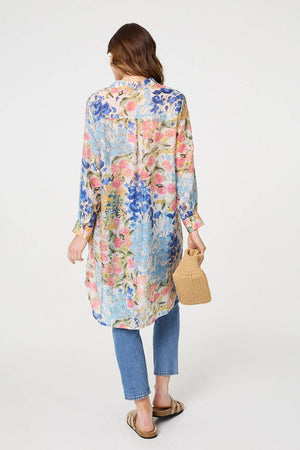 Blue | Floral Print Longline Semi Sheer Shirt
