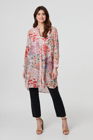 Pink | Floral Print Longline Semi Sheer Shirt

