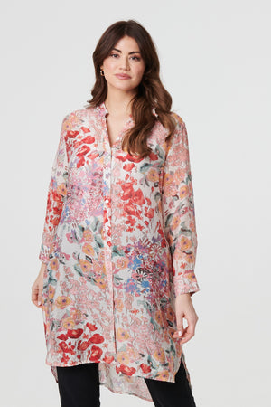 Pink | Floral Print Longline Semi Sheer Shirt : Model is 5'9