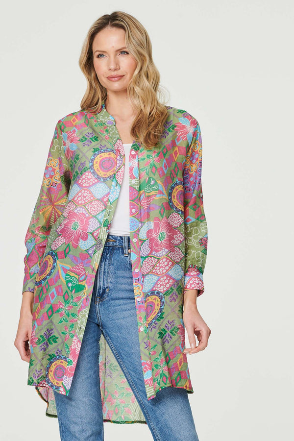 Green | Printed Semi Sheer Longline Blouse