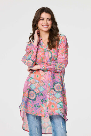 Pink | Printed Semi Sheer Longline Blouse : Model is 5'9