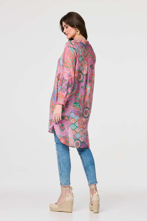 Pink | Printed Semi Sheer Longline Blouse