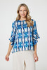 Blue | Geo Print 3/4 Flute Sleeve Curve Hem Blouse