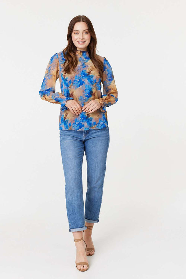 Blue | Printed High Neck Long Sleeve Blouse