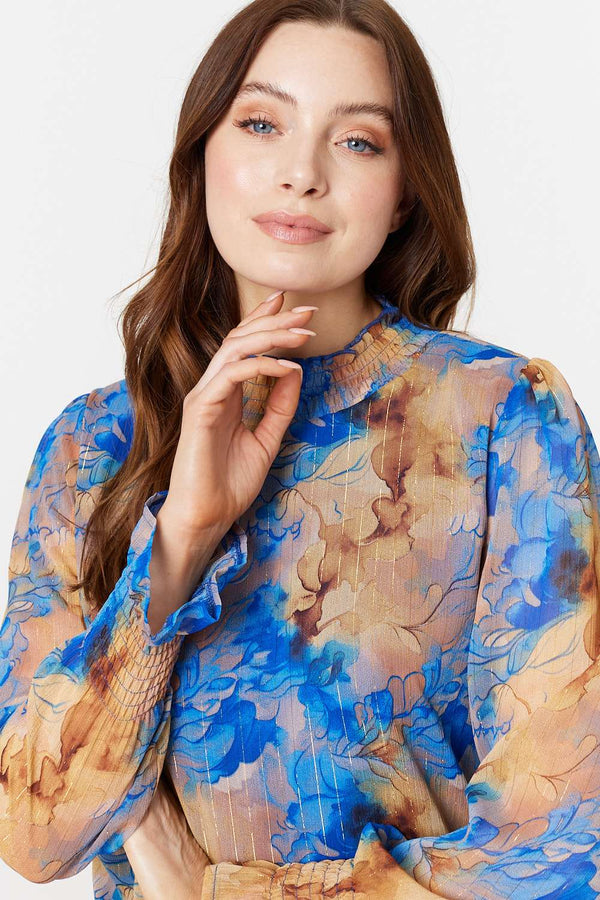 Blue | Printed High Neck Long Sleeve Blouse