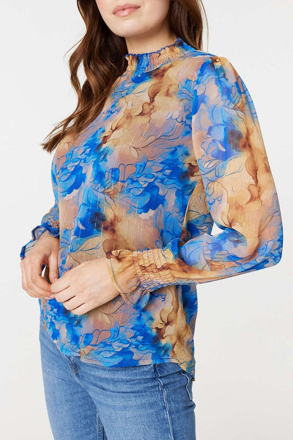 Blue | Printed High Neck Long Sleeve Blouse