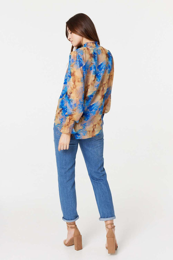 Blue | Printed High Neck Long Sleeve Blouse