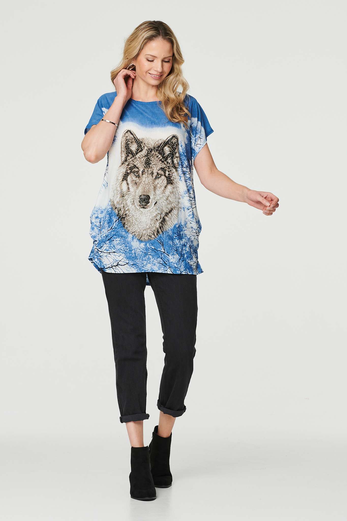 Blue | Embellished Wolf Print T-Shirt