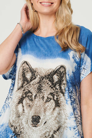 Blue | Embellished Wolf Print T-Shirt