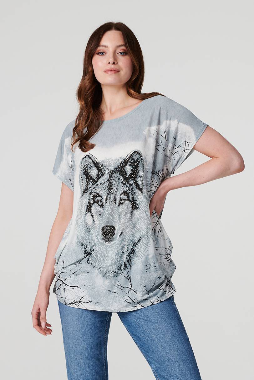 Grey | Embellished Wolf Print T-Shirt