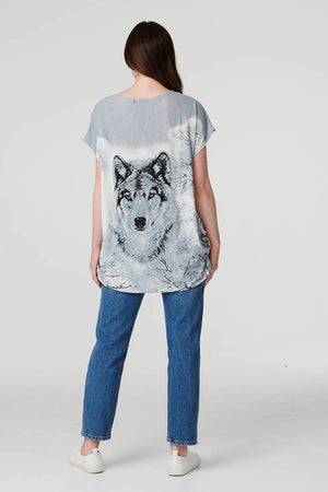 Grey | Embellished Wolf Print T-Shirt