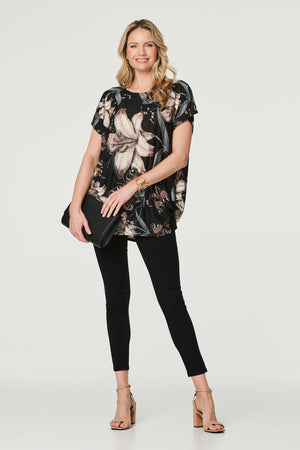 Black| Floral Butterfly Print T-Shirt