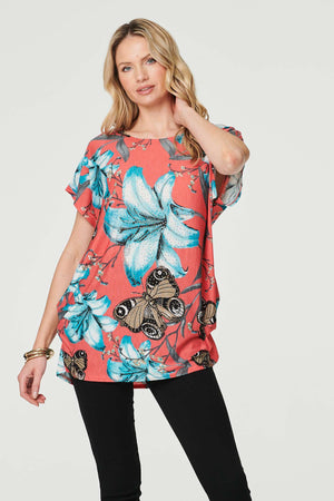 Coral| Floral Butterfly Print T-Shirt
